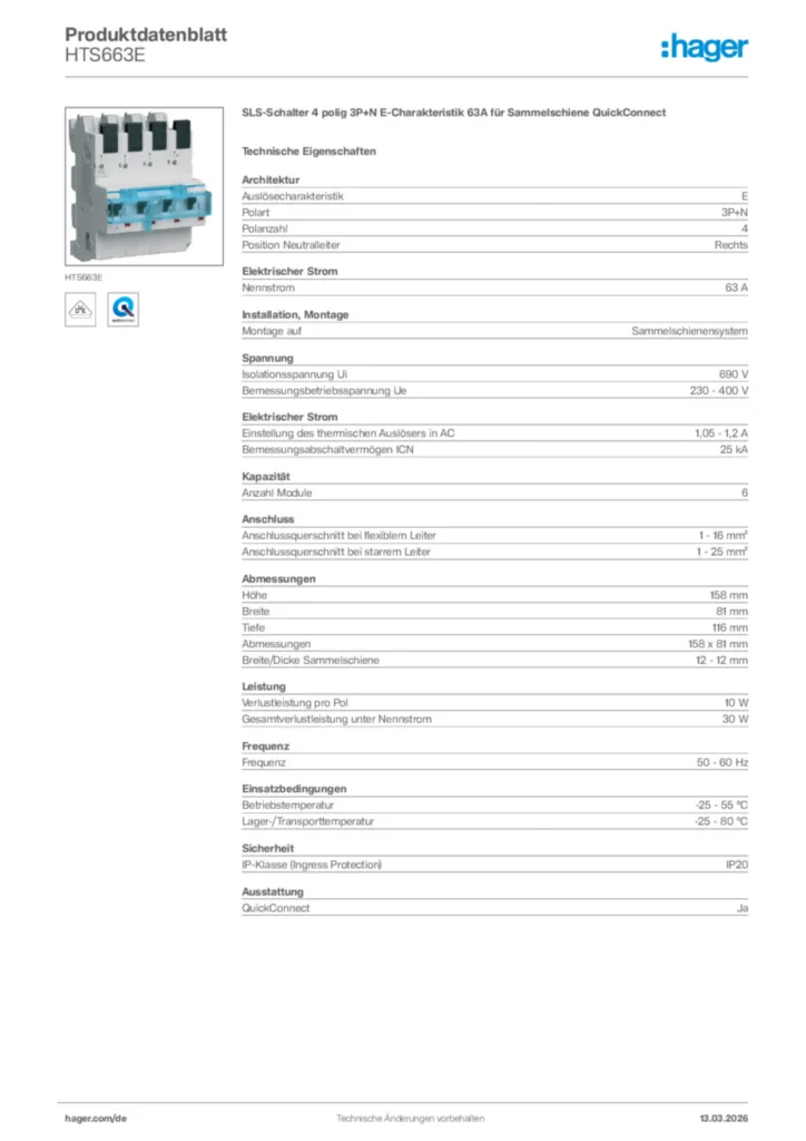 Bild Hager Produktdatenblatt HTS663E | Hager Deutschland