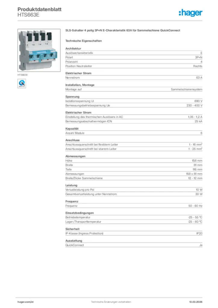 Bild Hager Produktdatenblatt HTS663E | Hager Deutschland