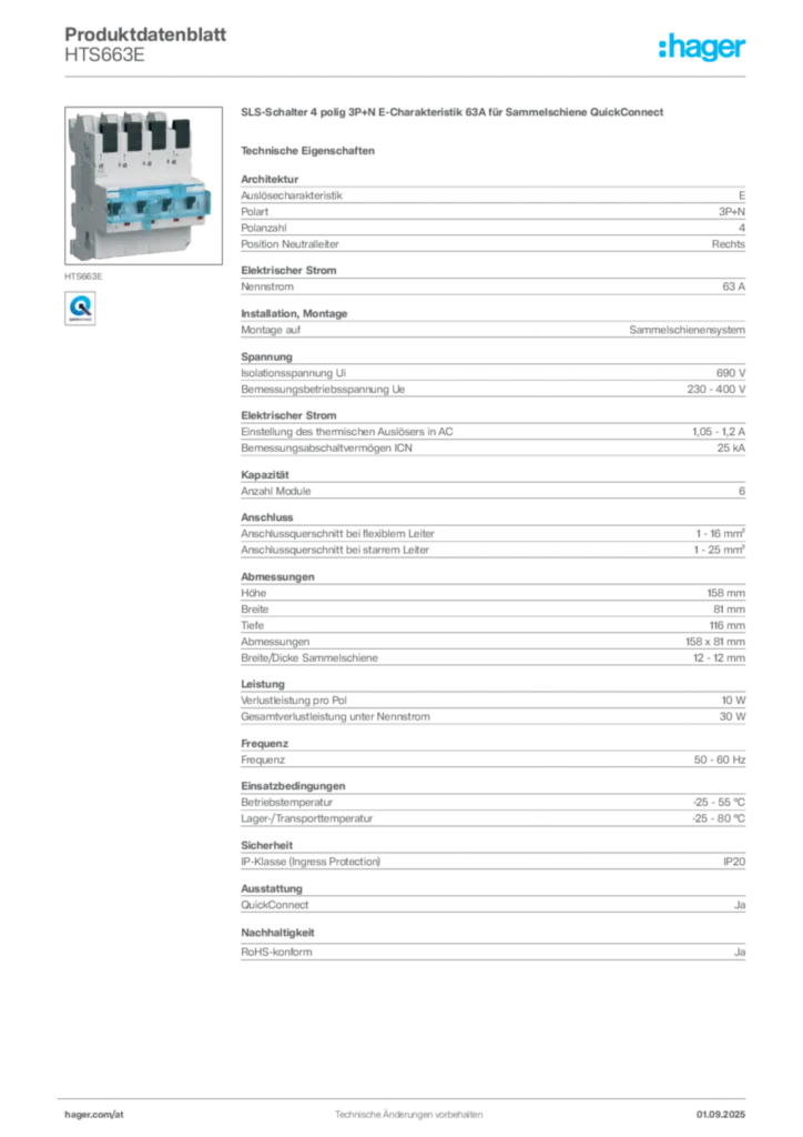 Bild Hager Produktdatenblatt HTS663E | Hager Deutschland