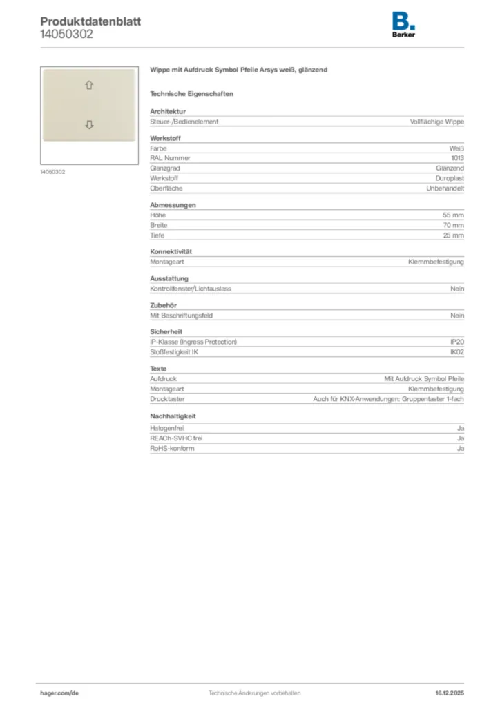 Bild Berker Produktdatenblatt 14050302 | Hager Deutschland