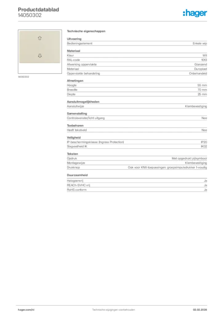 Afbeelding Hager Productdatablad 14050302 | Hager Nederland