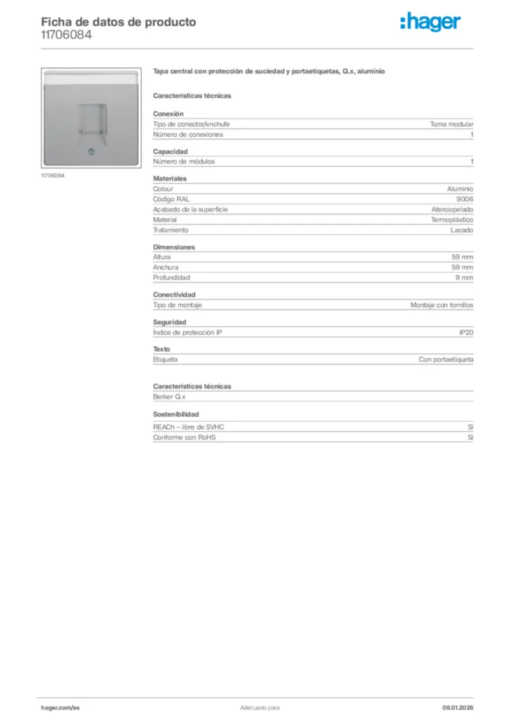 Imagen Hager Ficha de datos de producto 11706084 | Hager España