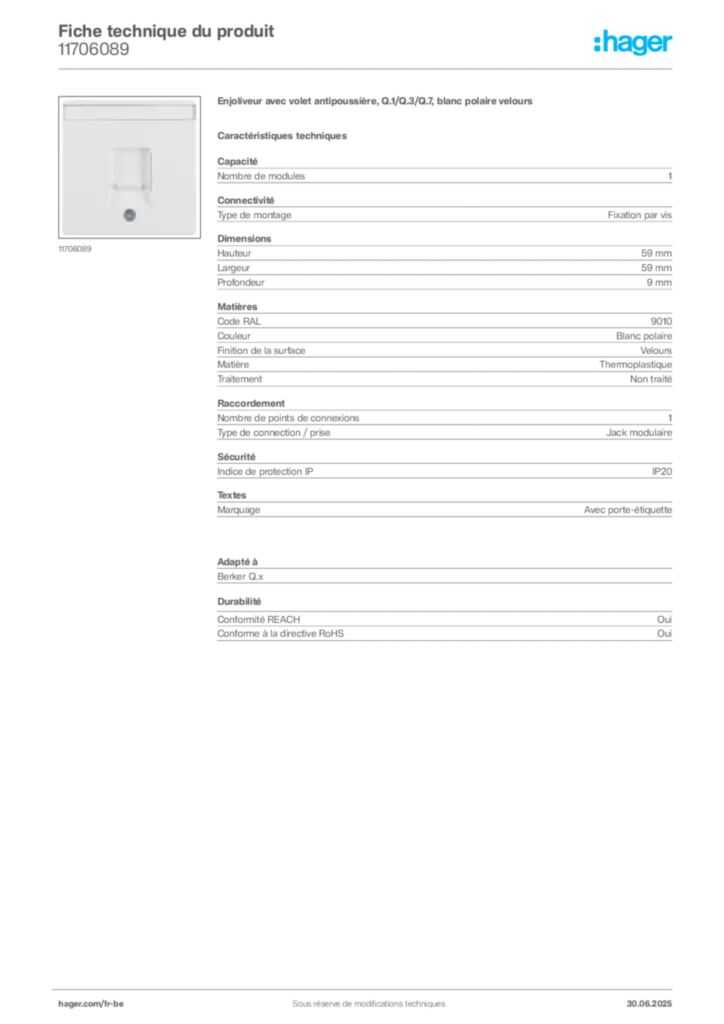 Image Hager Fiche technique du produit 11706089 | Hager Belgique