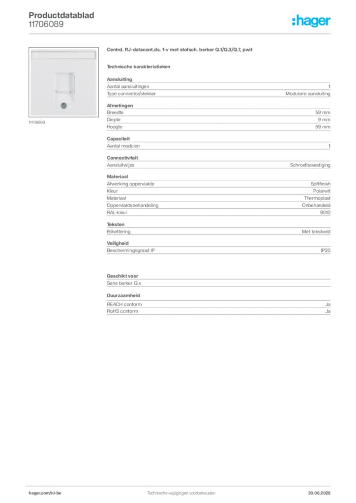 Afbeelding Hager Productdatablad 11706089 | Hager Belgium