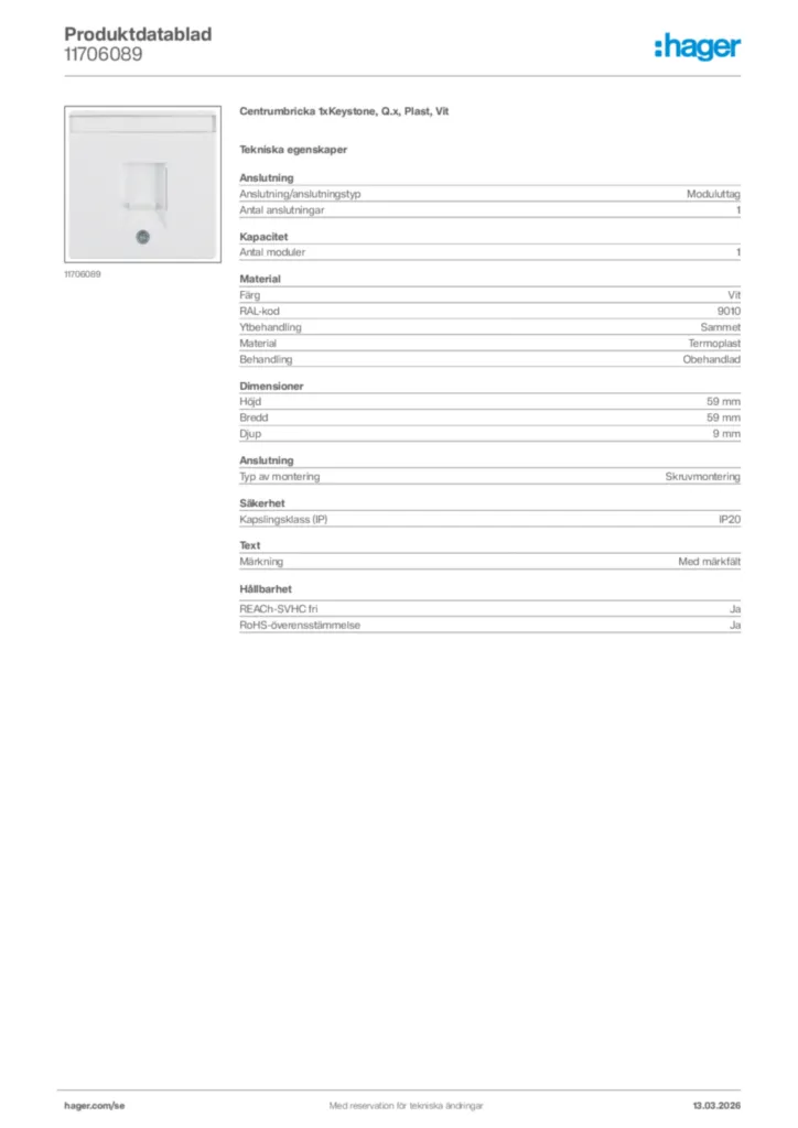 Bild Hager Produktdatablad 11706089 | Hager Sverige