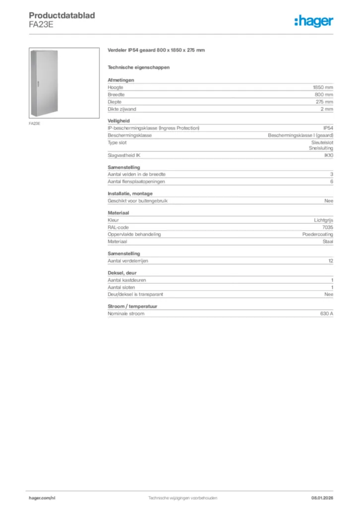 Afbeelding Hager Productdatablad FA23E | Hager Nederland