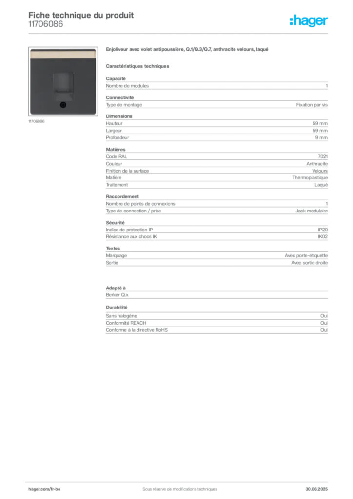 Image Hager Fiche technique du produit 11706086 | Hager Belgique