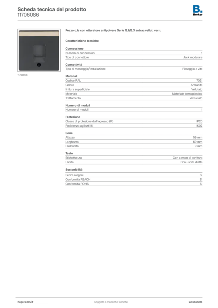 Immagine Berker Scheda tecnica del prodotto 11706086 | Hager Italia