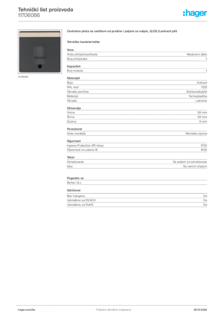 Slika Hager Product data sheet 11706086  | Hager