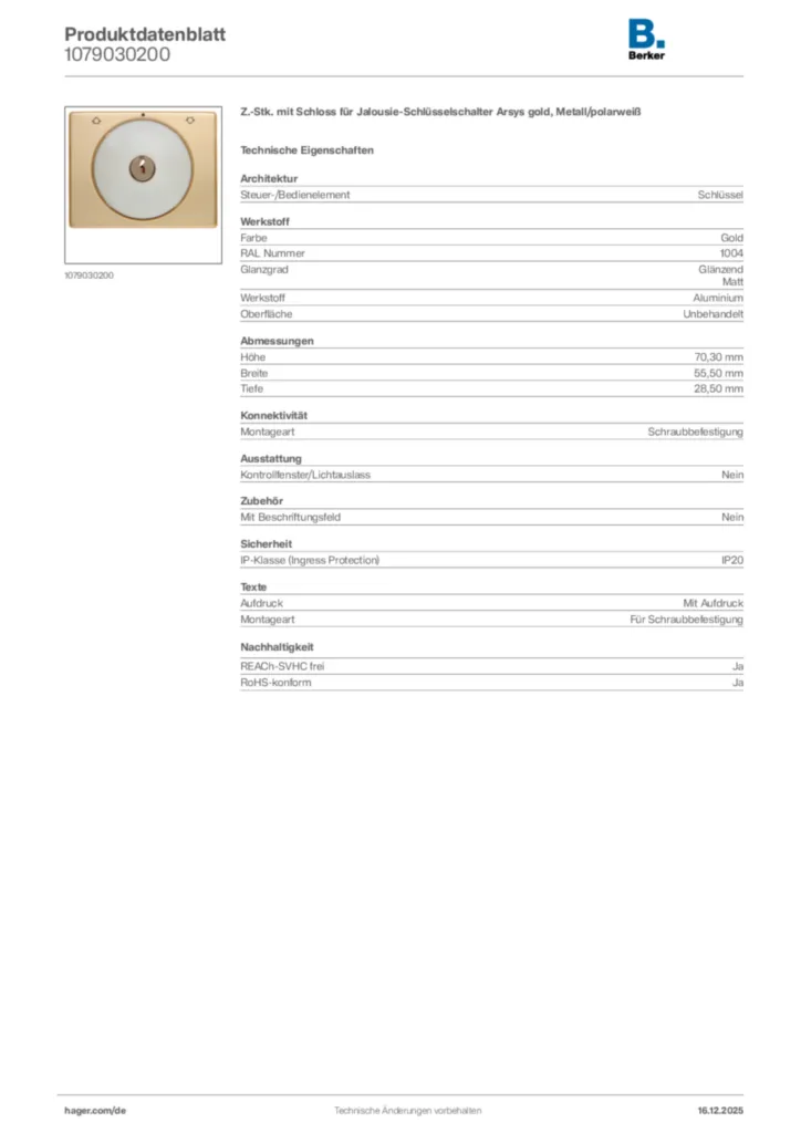 Bild Berker Produktdatenblatt 1079030200 | Hager Deutschland