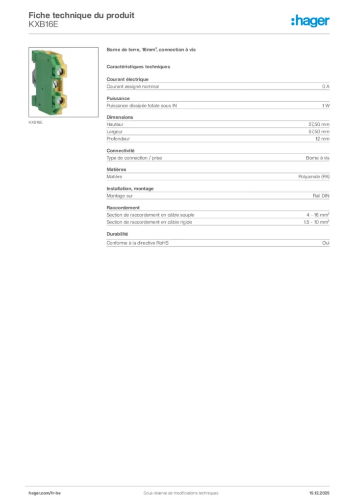 Image Hager Fiche technique du produit KXB16E | Hager Belgique