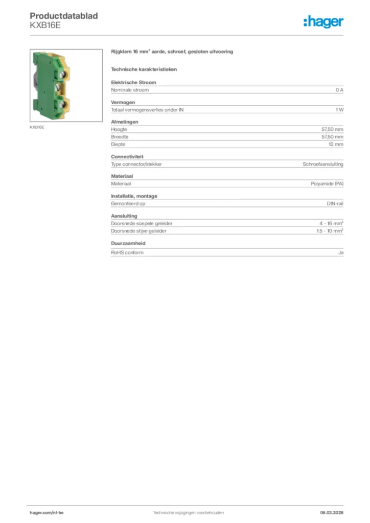 Afbeelding Hager Productdatablad KXB16E | Hager Belgium