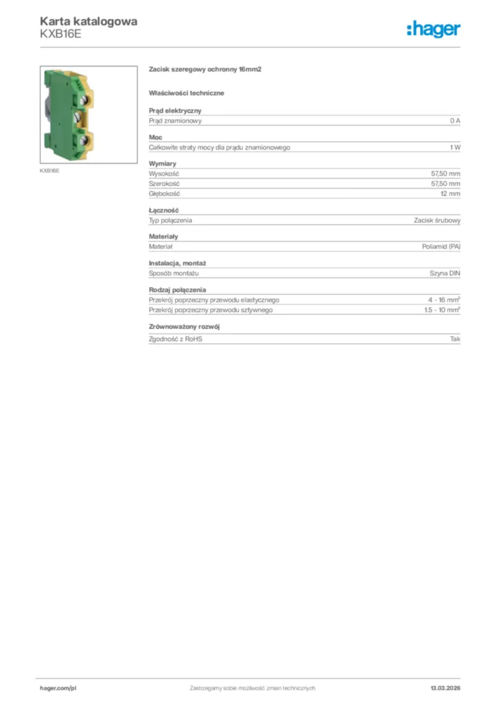 Zdjęcie Hager Karta katalogowa KXB16E | Hager Polska