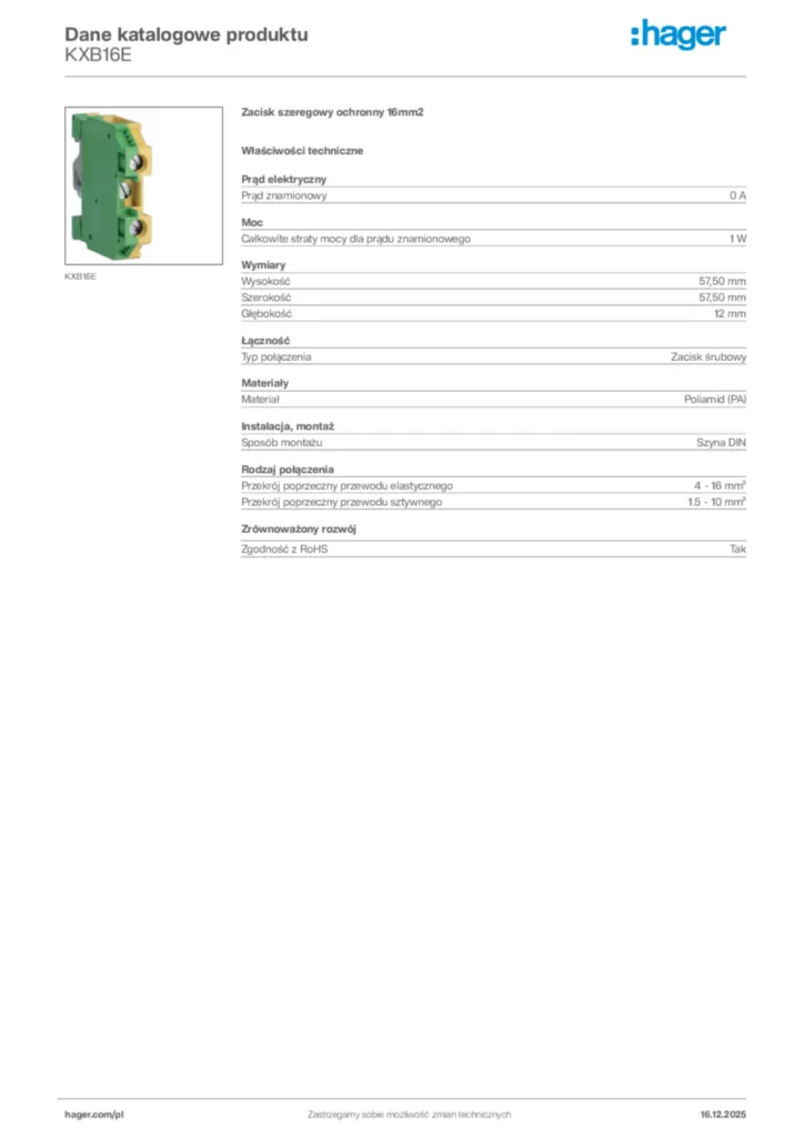 Zdjęcie Hager Karta katalogowa KXB16E | Hager Polska