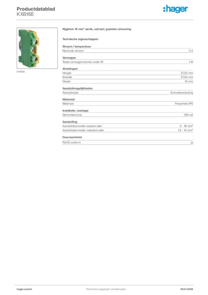 Afbeelding Hager Productdatablad KXB16E | Hager Nederland