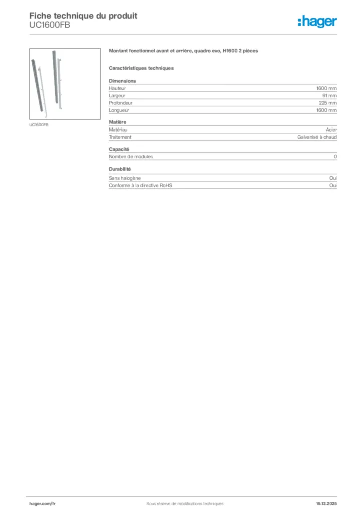 Image Hager Fiche technique du produit UC1600FB | Hager France