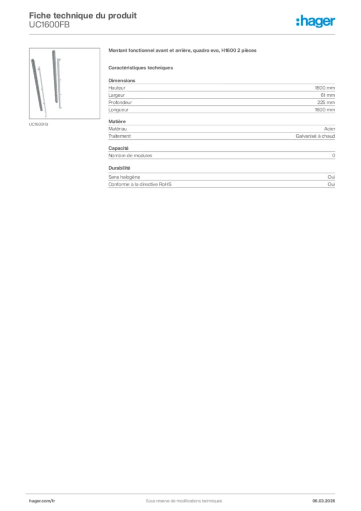 Image Hager Fiche technique du produit UC1600FB | Hager France