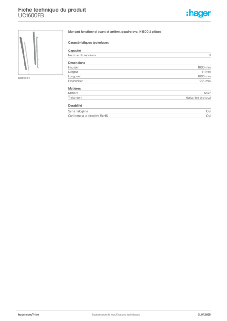 Image Hager Fiche technique du produit UC1600FB | Hager Belgique