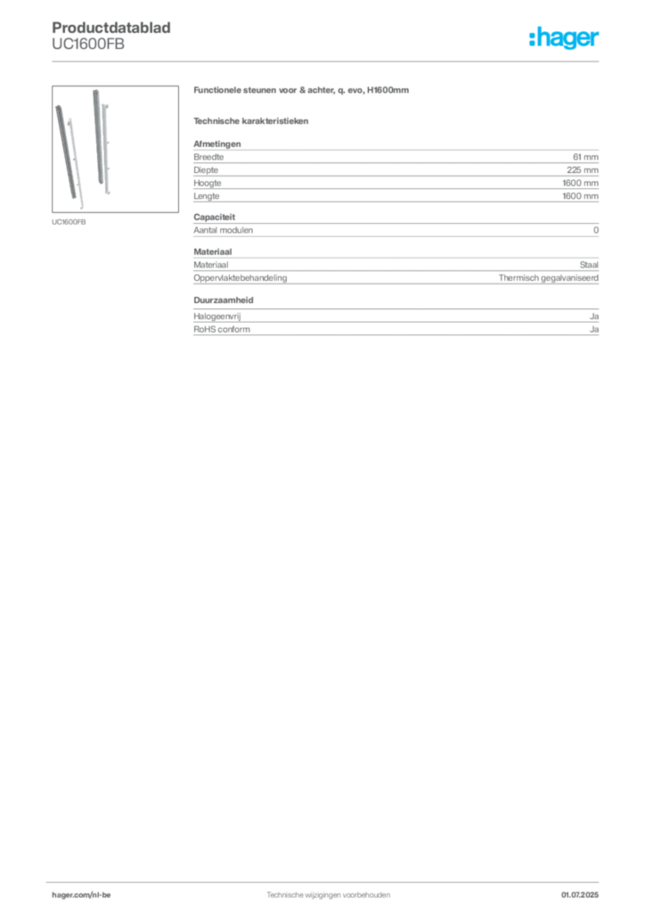 Afbeelding Hager Productdatablad UC1600FB | Hager Belgium
