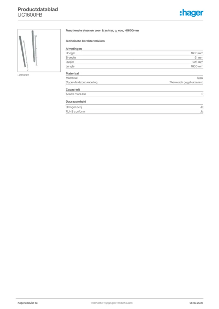 Afbeelding Hager Productdatablad UC1600FB | Hager Belgium