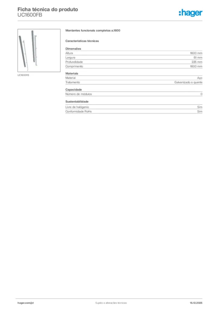 Imagem Hager Ficha técnica do produto UC1600FB | Hager Portugal