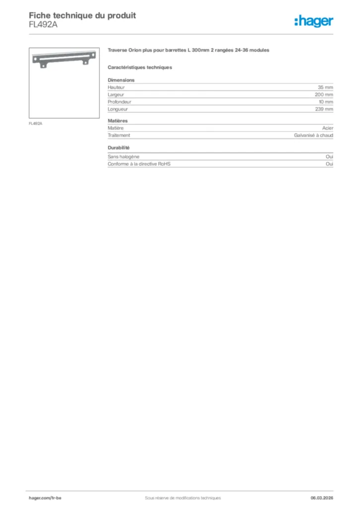 Image Hager Fiche technique du produit FL492A | Hager Belgique