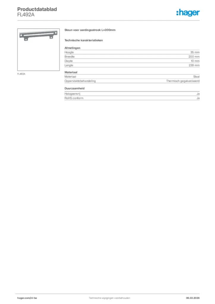 Afbeelding Hager Productdatablad FL492A | Hager Belgium