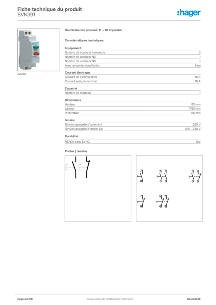Image Hager Fiche technique du produit SVN391 | Hager France