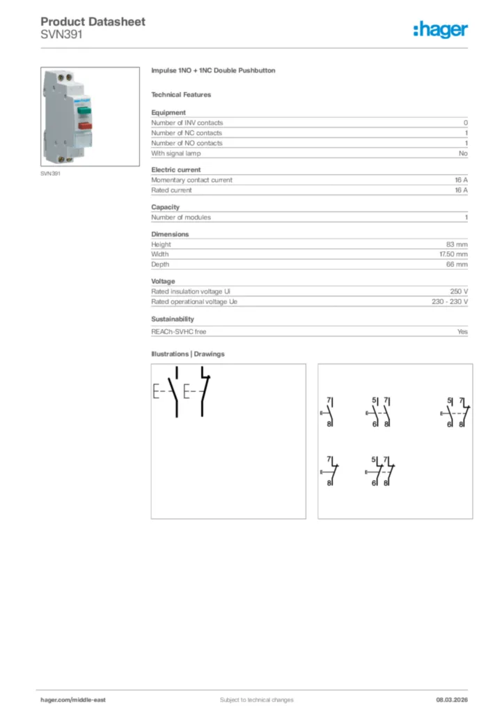 Image Hager Product data sheet SVN391  | Hager