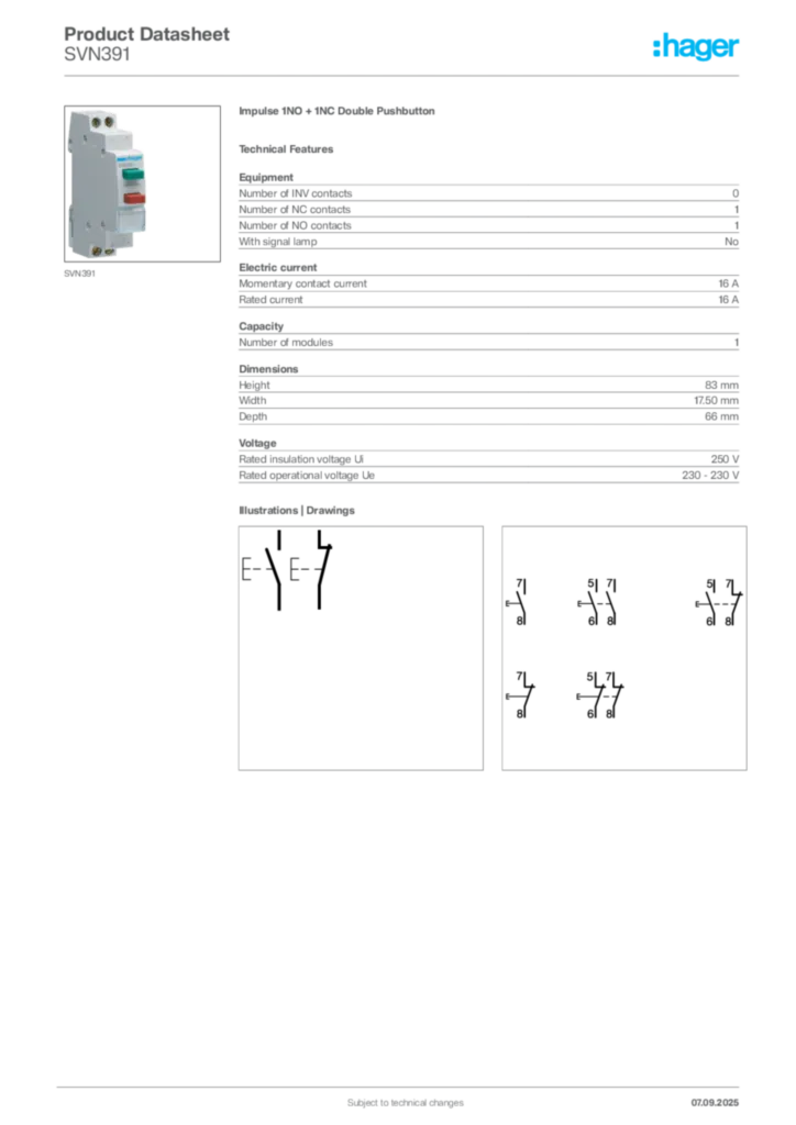 Image Hager Product data sheet SVN391  | Hager