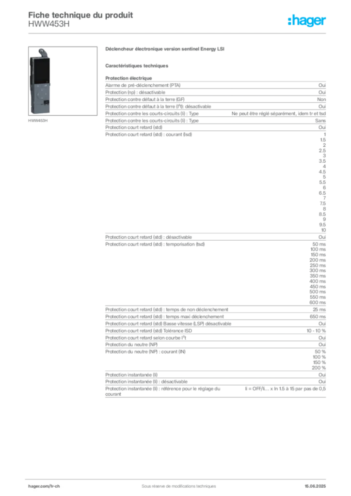 Image Hager Fiche technique du produit HWW453H | Hager Suisse