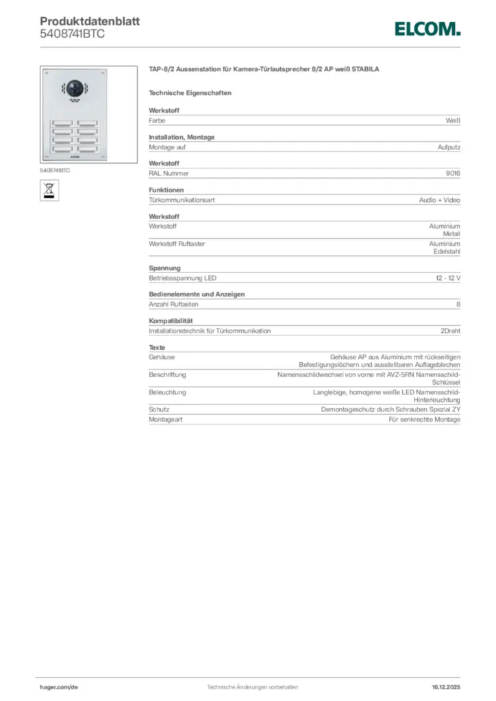 Bild Elcom Produktdatenblatt 5408741BTC | Hager Deutschland