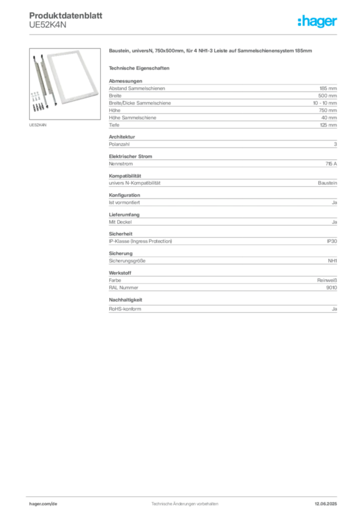 Bild Hager Produktdatenblatt UE52K4N | Hager Deutschland