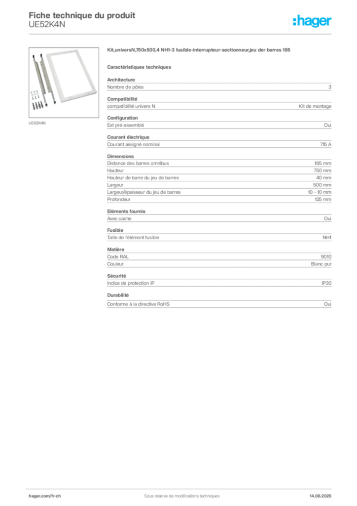 Image Hager Fiche technique du produit UE52K4N | Hager Suisse