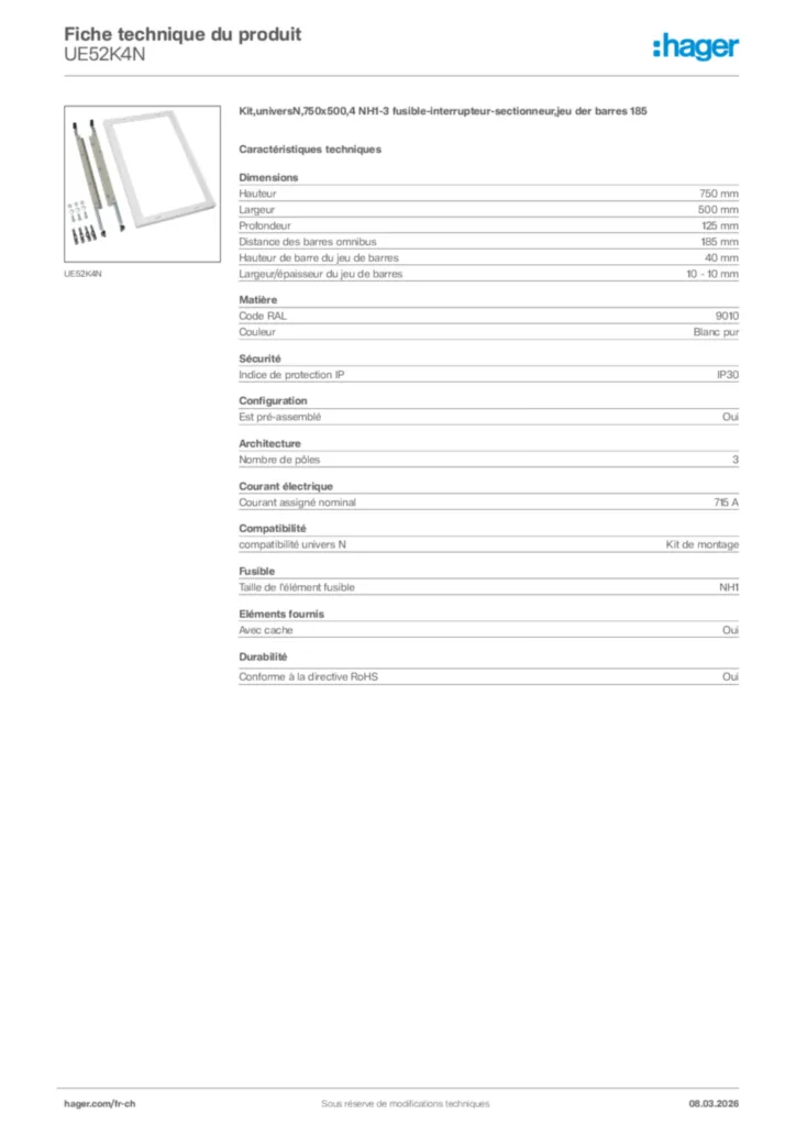 Image Hager Fiche technique du produit UE52K4N | Hager Suisse