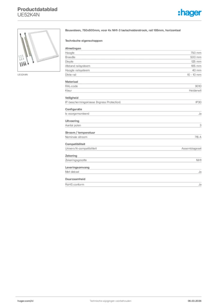 Afbeelding Hager Productdatablad UE52K4N | Hager Nederland