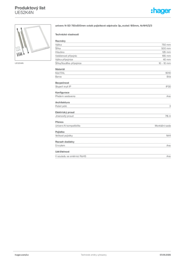 Obrázek Hager Produktový list UE52K4N | Hager