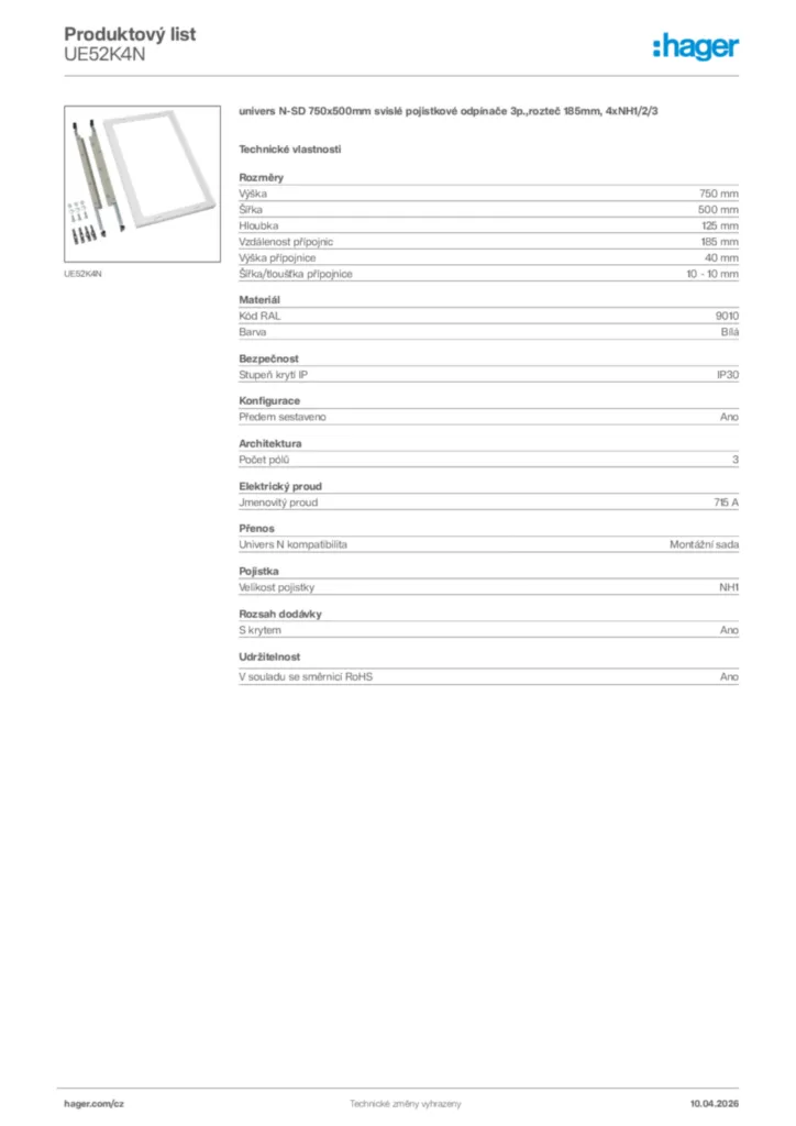 Obrázek Hager Product data sheet UE52K4N | Hager
