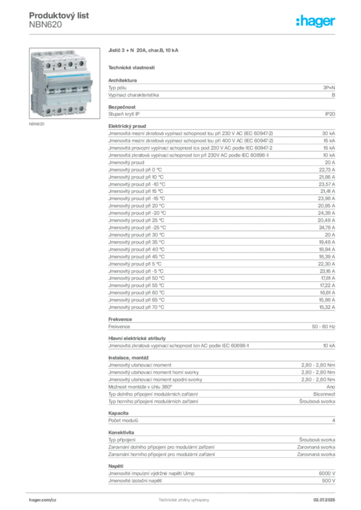 Obrázek Hager Product data sheet NBN620 | Hager