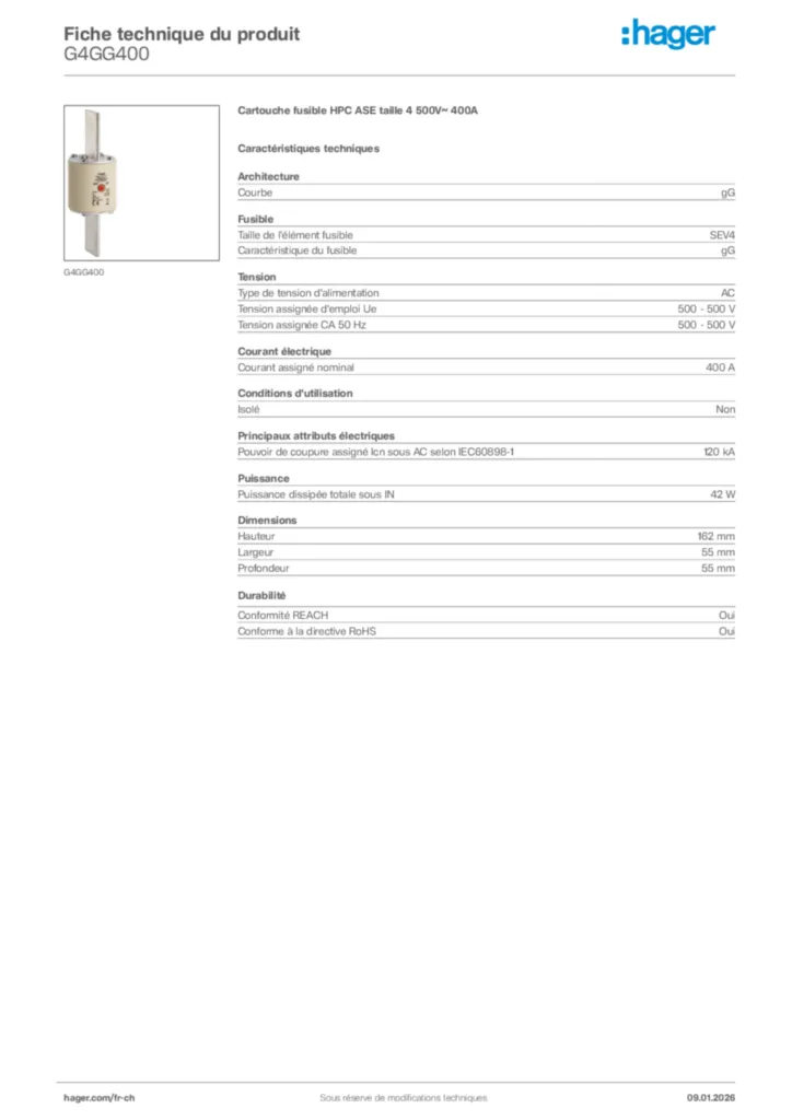 Image Hager Fiche technique du produit G4GG400 | Hager Suisse