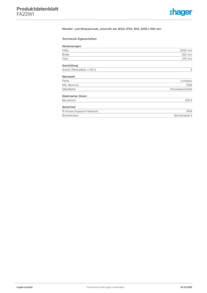 Bild Hager Produktdatenblatt FA22W1 | Hager Deutschland