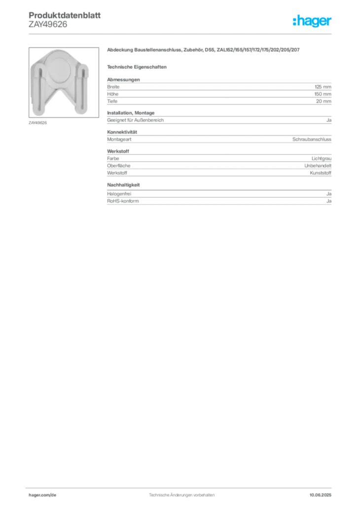 Bild Hager Produktdatenblatt ZAY49626 | Hager Deutschland