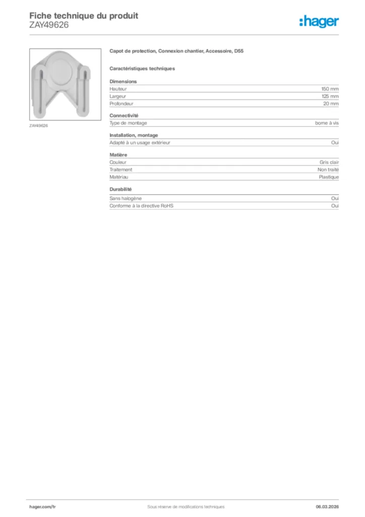 Image Hager Fiche technique du produit ZAY49626 | Hager France