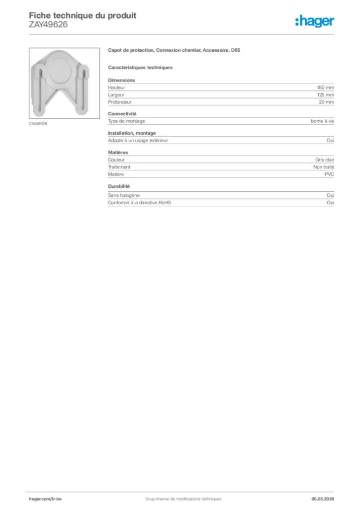 Image Hager Fiche technique du produit ZAY49626 | Hager Belgique