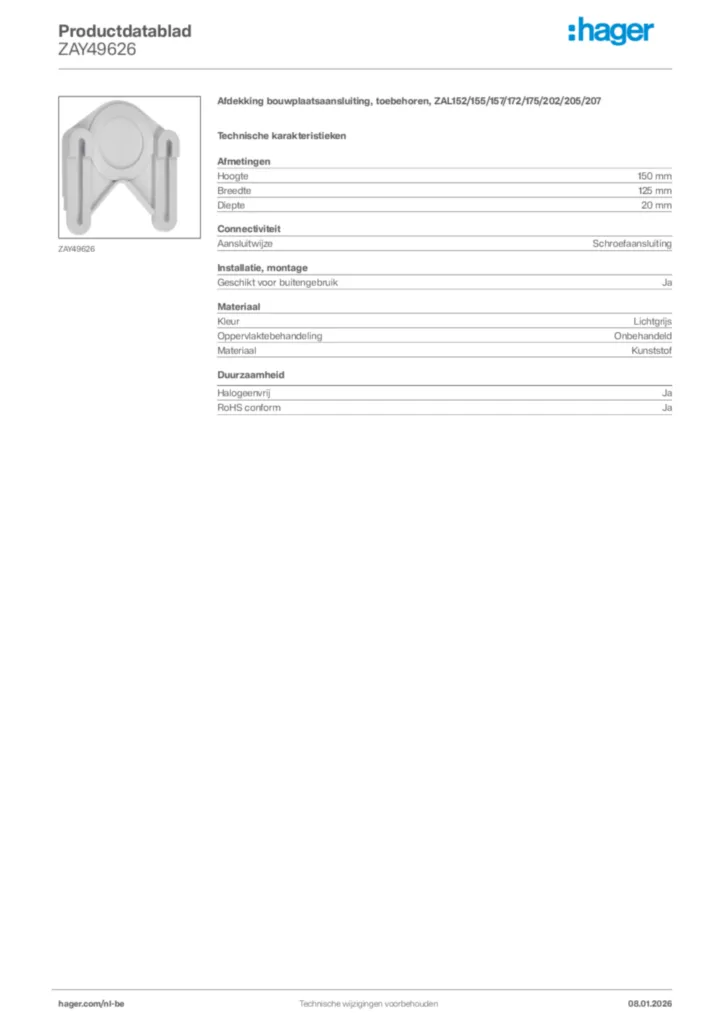 Afbeelding Hager Productdatablad ZAY49626 | Hager Belgium