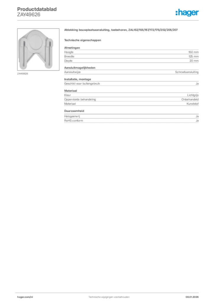 Afbeelding Hager Productdatablad ZAY49626 | Hager Nederland