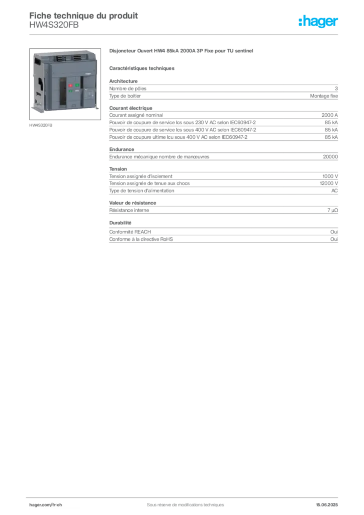 Image Hager Fiche technique du produit HW4S320FB | Hager Suisse