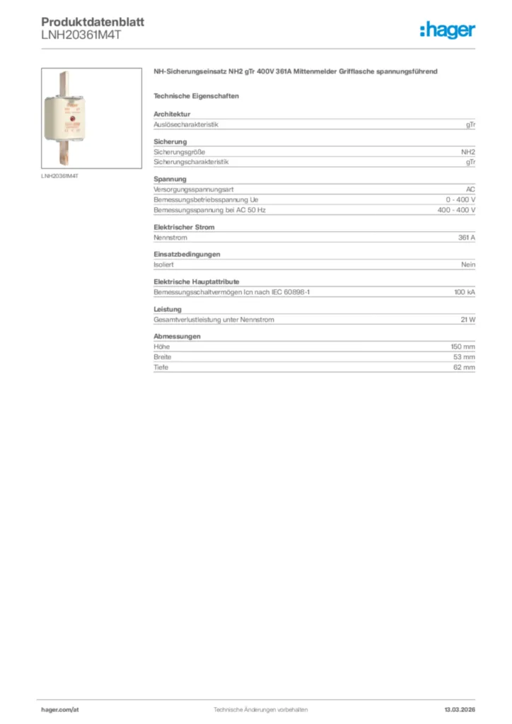 Bild Hager Produktdatenblatt LNH20361M4T | Hager Deutschland