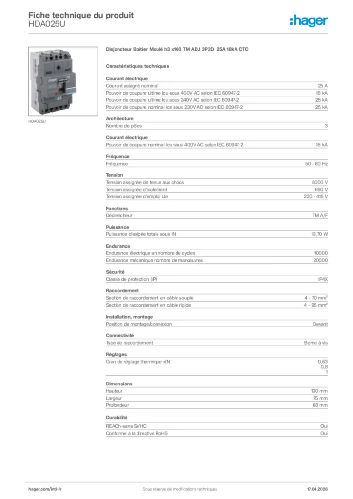 Image Hager Fiche technique du produit HDA025U | Hager Afrique
