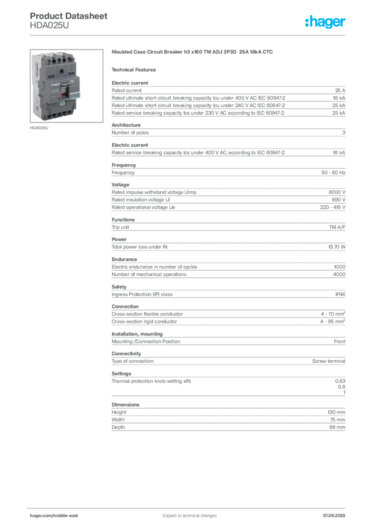 Image Hager Product data sheet HDA025U  | Hager